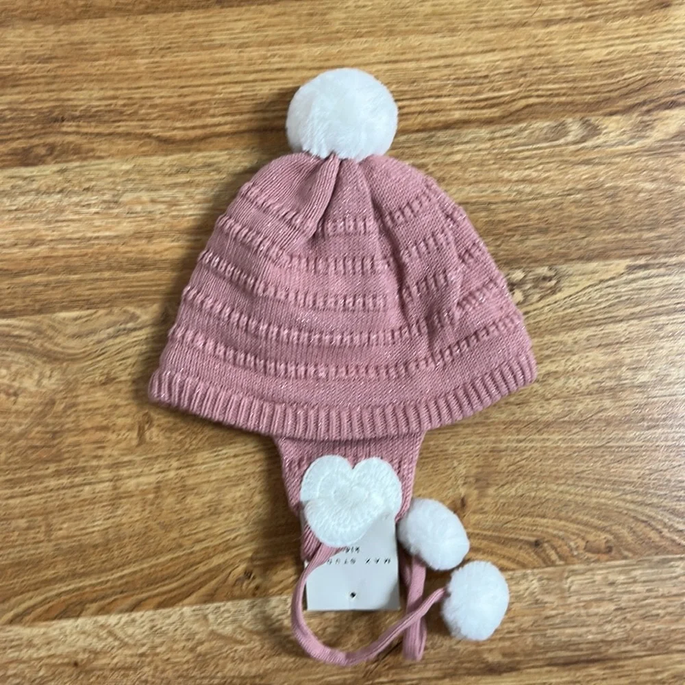 Max Studio Blush Knit Hat with White Pom-Poms - Picture 2 of 6